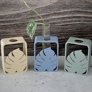 Może przedstawiać: Trzy dekoracyjne uchwyty na rośliny w kolorze beżowym, niebieskim i zielonym, każdy z wyciętym wzorem liścia monstery. Mała szklana probówka trzyma łodygę rośliny w środkowym uchwycie. Uchwyty są wyświetlane na jasnej powierzchni z drewnianym tłem.