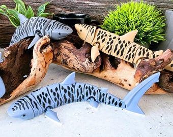 Articulated Tiger Shark Flexi Toy | 3D Printed Flexible Shark with Stand | 2 Display Options | Unique Gift for Kids Students Adults