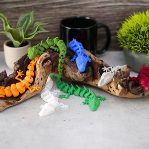 Peut inclure: Six geckos en plastique imprimés en 3D de différentes couleurs sur une branche de bois. Les geckos sont orange, vert, bleu, blanc et rouge.
