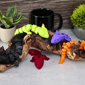 Peut inclure: Cinq figurines de lézard articulées, imprimées en 3D, dans différentes couleurs, notamment noir, vert, violet, rouge et orange. Les lézards sont posés sur un morceau de bois flotté.