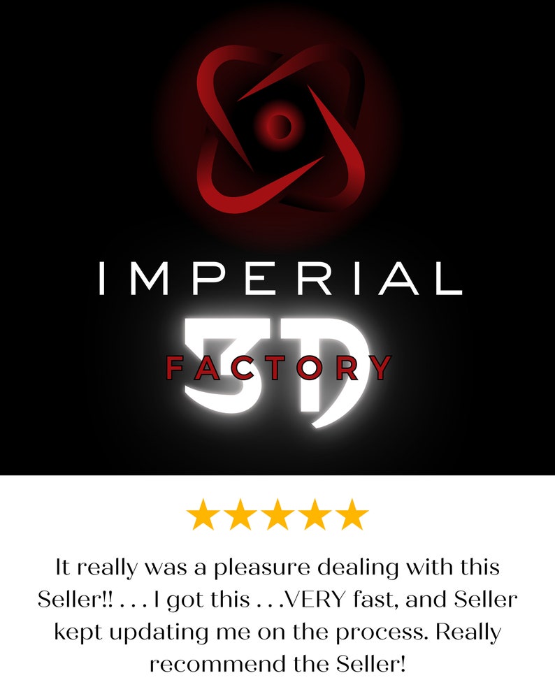K&ouml;nnte beinhalten: Schwarzer Hintergrund mit den Worten "IMPERIAL 3D FACTORY" in Wei&szlig; und Rot. &Uuml;ber dem Text befindet sich ein rotes abstraktes Design. Darunter f&uuml;nf goldene Sterne.