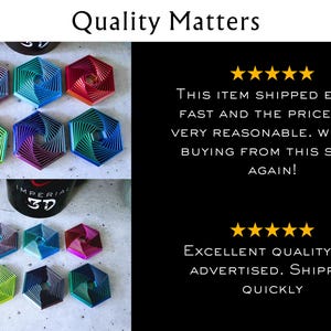 May include: Two sets of six hexagonal, multi-colored, geometric, 3D printed coasters. The top set is labeled "Regular" and the bottom set is labeled "Mini".