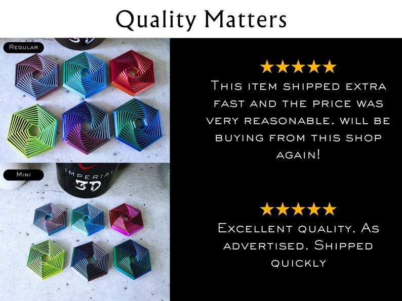 May include: Two sets of six hexagonal, multi-colored, geometric, 3D printed coasters. The top set is labeled "Regular" and the bottom set is labeled "Mini".