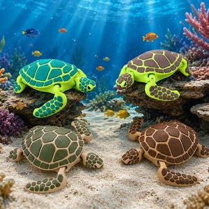 May include: Four articulated sea turtle figures in distinct color combinations: one bright green with teal accents, one lime green with brown, one olive green with tan, and one brown with tan. Each turtle features a textured shell and flippers.