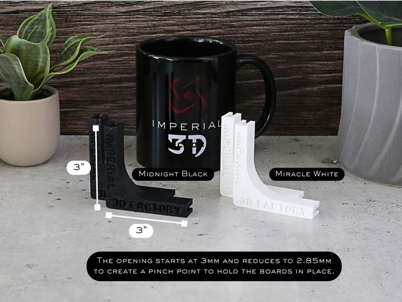 May include: Two 3-inch corner brackets, one black and one white, with the text "Imperial 3D" and "3D Factory" printed on them. The brackets are designed to hold boards together.