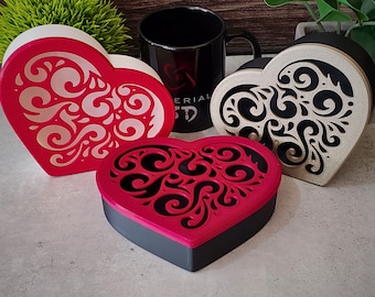 Heart Shaped Box Scrolled Lid | 3D Printed Box | Jewelry Storage Gift Box with Lid | Gift for Daughter Sister Mother Wife
