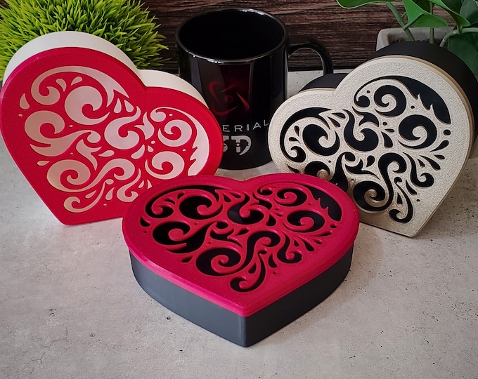 Heart Shaped Box Scrolled Lid | 3D Printed Box | Jewelry Storage Gift Box with Lid | Gift for Daughter Sister Mother Wife