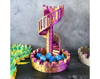 Staircase Dice Tower | 3D Printed TTRPG Dice Roller | Free 7-Piece Dice Set | 6 Color-Changing Options | DND D&D Board Game Accessory