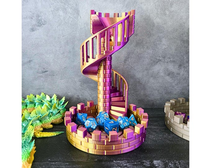 Staircase Dice Tower | 3D Printed TTRPG Dice Roller | Free 7-Piece Dice Set | 6 Color-Changing Options | DND D&D Board Game Accessory
