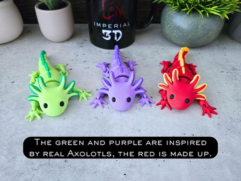 May include: Three articulated axolotl figures in bright green, purple, and red with yellow accents. Each figure features external gills, small black eyes, and a segmented body. Text on the image reads: The green and purple are inspired by real Axolotls, the red is made up.