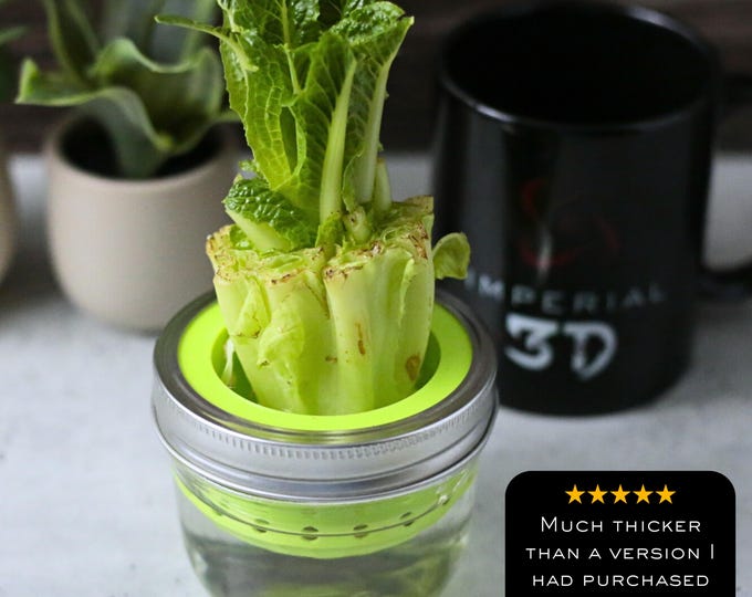 Lettuce Regrow Farm | Kitchen Hydroponics for Lettuce and Celery 3D Print for Wide Mouth Mason Jars | Net Pot | Kratky | Indoor Gardening
