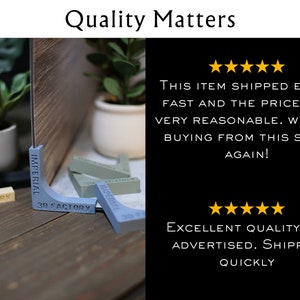 May include: Five corner braces made of plastic in blue, green, and beige colors. The braces are labeled "Imperial 3D Factory". The image includes a customer review with five stars and the text "This item shipped extra fast and the price was very reasonable. Will be buying from this shop again!" and "Excellent quality. As advertised. Shipped quickly."