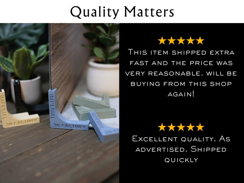 May include: Five corner braces made of plastic in blue, green, and beige colors. The braces are labeled "Imperial 3D Factory". The image includes a customer review with five stars and the text "This item shipped extra fast and the price was very reasonable. Will be buying from this shop again!" and "Excellent quality. As advertised. Shipped quickly."