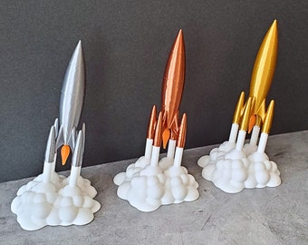 Retro Rocket with Plume 3D Print | Decorative Classic Rocket Model in Metallic Colors with Translucent Flame