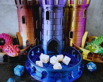 Castle Dice Tower TTRPG 7-Piece Dice Set Included | 3D Printed | 5 Color Changing Options 2 Styles 2 Sizes | Board Game Dice Roller