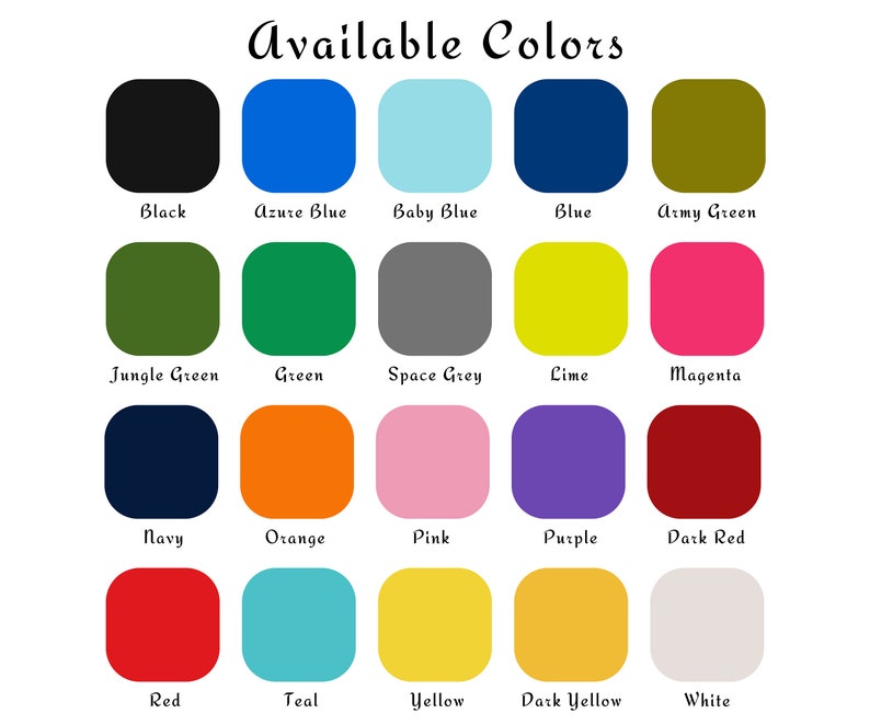 K&ouml;nnte beinhalten: Eine Farbkarte mit einer Vielzahl verf&uuml;gbarer Farben. Die Karte enth&auml;lt Quadrate mit Farben wie Schwarz, Blau, Gr&uuml;n, Orange, Pink, Lila, Rot, Gelb und Wei&szlig;, wobei jede Farbe mit ihrem Namen beschriftet ist.