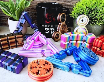 Multicolor 3D Printed Fidget Toy 4-Pack: Gear Spinner, Infinity Cube, Triangle, Gyroscope