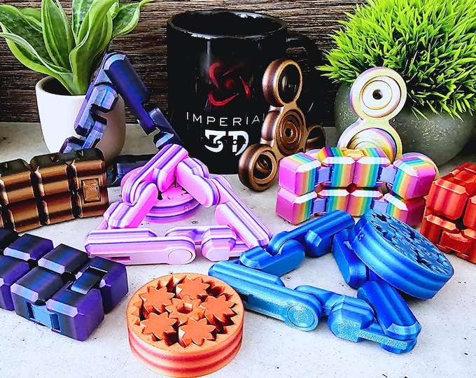 Multicolor Fidgets 4-Pack | Gear Spinner | Infinity Cube | Infinity Triangle | Quad Gyroscope | 3D Printed Fidget Toys | Layered Colors