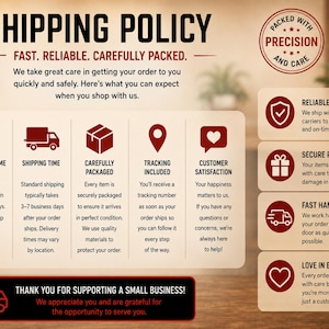 May include: A beige informational graphic titled SHIPPING POLICY with dark red text and icons. It outlines processing times, shipping details, and customer service commitments. Includes a circular badge stating PACKED WITH PRECISION AND CARE.