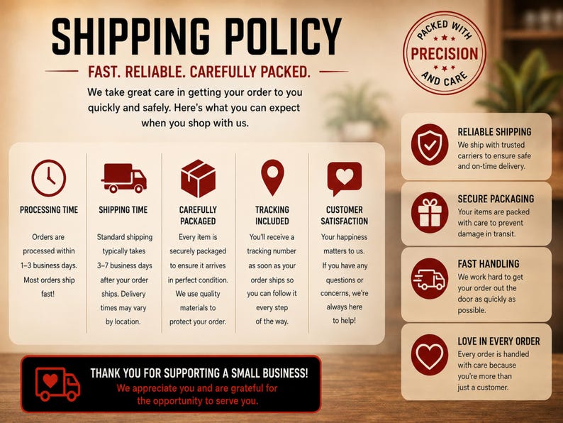 May include: A beige informational graphic titled SHIPPING POLICY with dark red text and icons. It outlines processing times, shipping details, and customer service commitments. Includes a circular badge stating PACKED WITH PRECISION AND CARE.