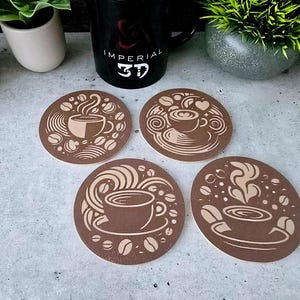 Coffee House Coasters Set of 4 | 3D Printed Drink Coasters with Holder | 3.5” or 4&quot; Round Coffee Designs | Gift for Coffee Lovers