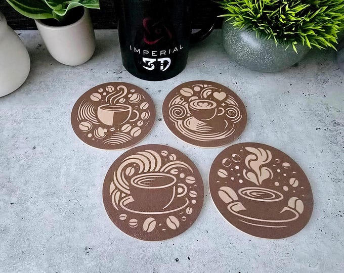 Coffee House Coasters Set of 4 | 3D Printed Drink Coasters with Holder | 3.5” or 4" Round Coffee Designs | Gift for Coffee Lovers