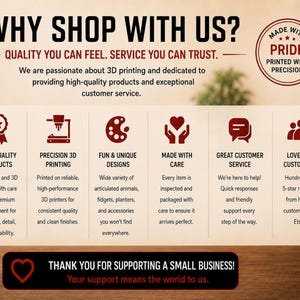 May include: An informational graphic titled WHY SHOP WITH US? featuring six columns with icons and text describing 3D printing services, quality standards, and customer care. Includes a circular badge stating MADE WITH PRIDE and a bottom banner saying THANK YOU FOR SUPPORTING A SMALL BUSINESS!