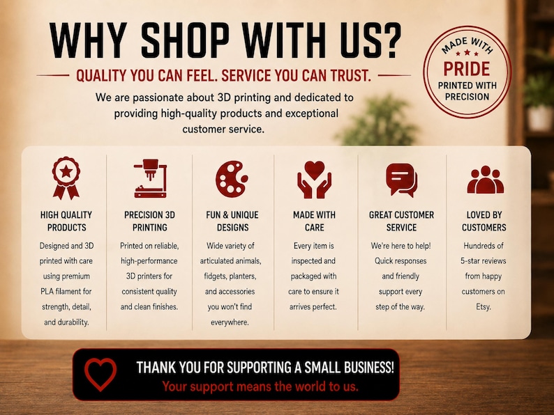 May include: An informational graphic titled WHY SHOP WITH US? featuring six columns with icons and text describing 3D printing services, quality standards, and customer care. Includes a circular badge stating MADE WITH PRIDE and a bottom banner saying THANK YOU FOR SUPPORTING A SMALL BUSINESS!