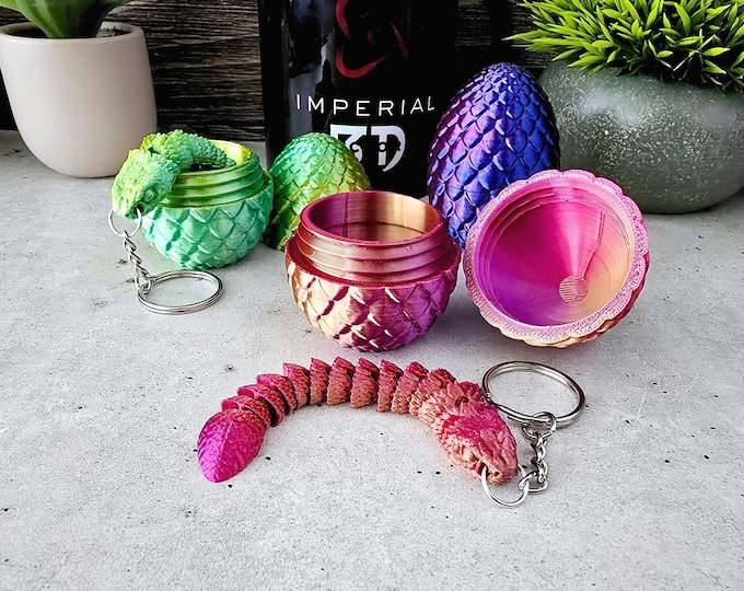 Articulated Snake Egg Keychain | Flexible 3D Printed Viper Matching Egg  | 7 Metallic Color-Changing Options | Backpack Purse Clip Accessory