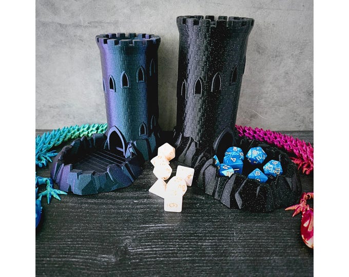 Crystal Dice Tower Roll Playing Accessory | TTRPG 7-Piece Dice Set Included | 3D Printed | 2 Color Changing Options 4 Sizes | Roll Playing