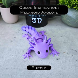 May include: A purple articulated axolotl figurine with black eyes and a segmented tail. The figure features external gills and four limbs. Text above reads Color Inspiration: Melanoid Axolotl, and text below reads Purple.