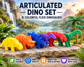 May include: A set of six articulated dinosaur figures in yellow, orange, blue, purple, red, and green. The text reads ARTICULATED DINO SET 6 COLORFUL FLEXI DINOSAURS, FUN & FLEXIBLE, HIGH QUALITY, GREAT FOR KIDS & GIFTING, and 3D PRINTED WITH CARE.