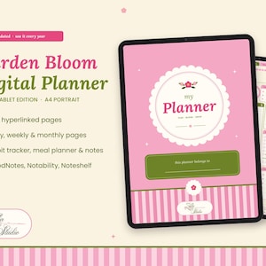 Può includere: Un'agenda digitale visualizzata su uno schermo di tablet con una copertina rosa che presenta un cerchio smerlato bianco, il testo my Planner e un riquadro verde per i dettagli del proprietario. L'interfaccia include pagine giornaliere e mensili.
