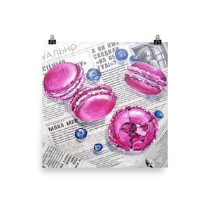 Poster Macarons print Food painting  Dessert painting  Sweets wall art  Colorful Pink macaroons with blueberries painting on newspaper