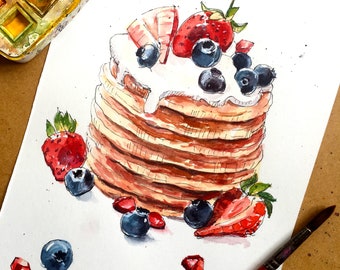 Pfannkuchen Aquarell Gemälde: Beeren Stillleben Küchenkunst