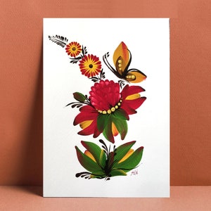 Bloemenschilderij in Petrykivka-stijl - Oekraïense volkskunst - Botanisch schilderij voor interieur in rode en groene kleuren - Oekraïens cadeau