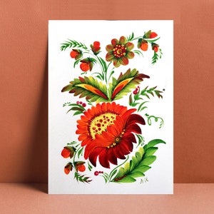 Flower painting in Petrykivka style -  Ukraine folk Art - Botanical painting for home decor in red and green colors -  Ukrainian gift