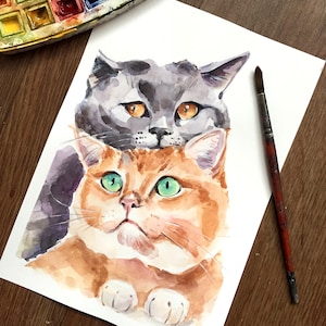 Cat original watercolor painting - cute cats for warming and kozy house decor - Animal wall art by hand painted