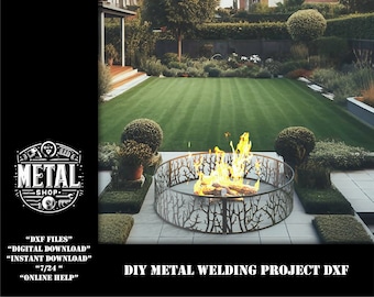 May include: DIY metal welding project DXF file for a fire pit. The fire pit is round and has a design of branches. The fire pit is in a backyard setting with green grass and trees.