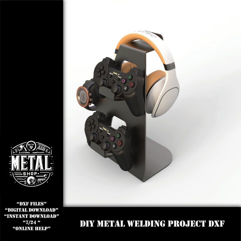May include: A black metal stand with two black video game controllers and a white and brown headset. The stand is designed to hold the controllers and headset upright. The stand is a DIY metal welding project.