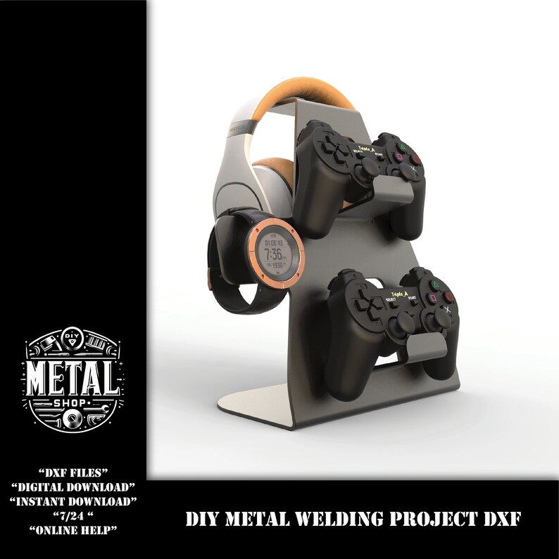 May include: A DIY metal welding project DXF file for a stand to hold two video game controllers and a pair of headphones. The stand is made of metal and has a black finish. The controllers are black and the headphones are white with a brown headband. The stand is on a white background.