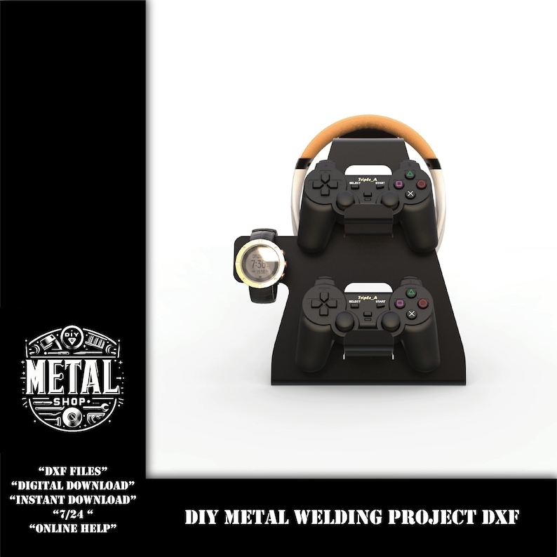 May include: DIY metal welding project DXF file for a video game controller stand. The stand features a steering wheel, two controller holders, and a watch holder. The stand is black with brown accents.