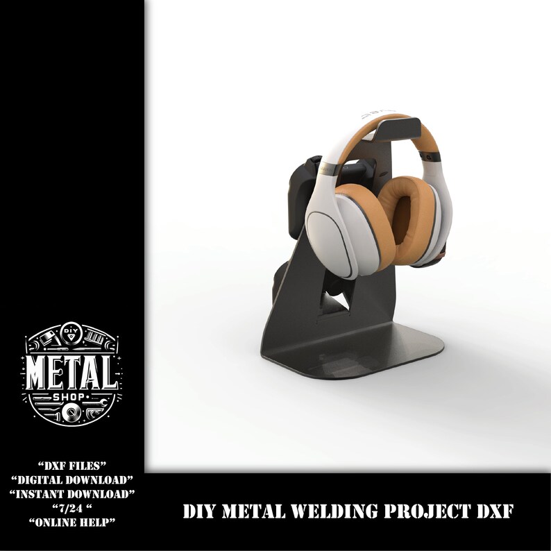 May include: A black metal stand with a white and brown headset resting on it. The stand is designed to hold headphones. The stand is a DIY metal welding project.