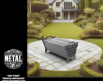 May include: A gray metal welding project design for a fire pit. The design is shown in a 3D rendering on a stone patio in a backyard setting. The design includes a grate and a decorative pattern on the side. The text "DIY METAL WELDING PROJECT DXF" is displayed at the bottom of the image.