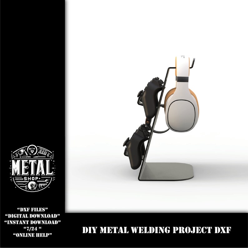 May include: A metal stand for holding two video game controllers and a pair of headphones. The stand is made of metal and has a black finish. The stand is designed to hold the controllers and headphones securely in place. The stand is a DIY project and the design files are available for download. "DXF FILES" "DIGITAL DOWNLOAD" "INSTANT DOWNLOAD" "7/24" "ONLINE HELP" DIY METAL WELDING PROJECT DXF