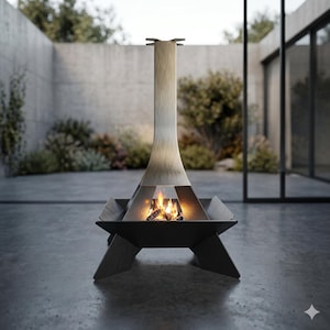 Może przedstawiać: Nowoczesny kominek zewnętrzny z wysokim, smukłym kominem i geometryczną podstawą. Kominek wykonany jest z ciemnego metalu i ma ogień w środku. Komin ma jasne, metaliczne wykończenie.