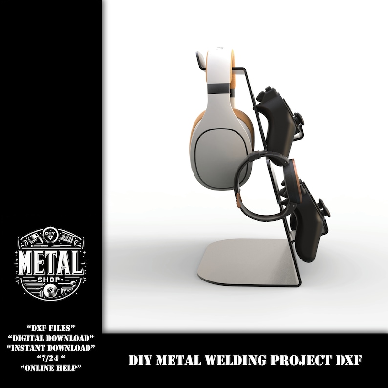 May include: A black metal stand with two slots for holding a pair of headphones and two video game controllers. The stand is on a white surface. DIY METAL WELDING PROJECT DXF
