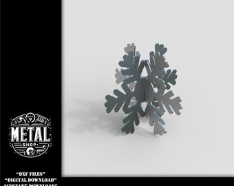 May include: A metal snowflake, a DIY metal welding project, stands on a white surface. The snowflake is a light gray color and has six symmetrical points. The image also includes the text "METAL SHOP" and "DIY METAL WELDING PROJECT DXF".