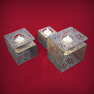 シートメタル DXF ティーライト ホルダー バンドル V3、レーザーカット用のシンプルなティーライト キャンドル スタンド、CNC、厚さ 1 mm / 2 mm / 3 mm