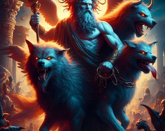 Hades Cerberus AI Art, Printable Greek Mythology Wall Art, Cerberus Mythology Underworld, Greek God Prints